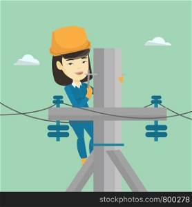 Asian electrician in hard hat working on electric power pole. Electrician at work on electric power pole. Electrician repairing electric power pole. Vector flat design illustration. Square layout.. Electrician working on electric power pole.
