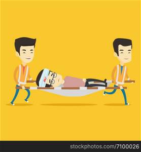 Asian emergency doctors transporting victim after accident on the stretcher. Team of emergency doctors carrying injured young man on medical stretcher. Vector flat design illustration. Square layout.. Emergency doctors carrying man on stretcher.