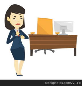 Asian employer checking time of coming of her latecomer employee. Angry employer pointing at time on wrist watch. Concept of late to work. Vector flat design illustration isolated on white background.. Angry employer pointing at wrist watch.