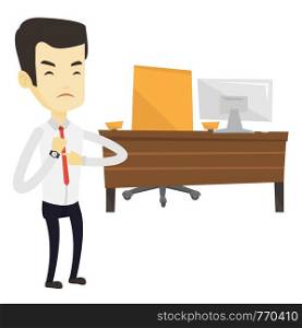 Asian employer checking time of coming of his latecomer employee. Angry employer pointing at time on wrist watch. Concept of late to work. Vector flat design illustration isolated on white background.. Angry employer pointing at wrist watch.