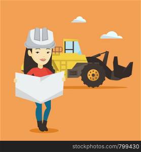 Asian engineer watching a blueprint at construction site. Engineer with blueprint standing on the background of excavator. Engineer holding a blueprint. Vector flat design illustration. Square layout.. Engineer watching a blueprint vector illustration.