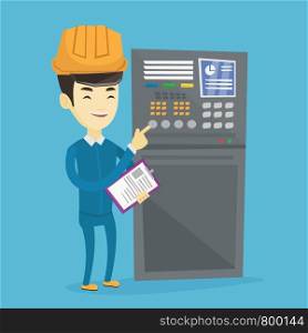 Asian engineer with clipboard standing in front of the control panel. Man working on control panel. Young worker pressing button at control panel. Vector flat design illustration. Square layout.. Engineer standing near control panel.