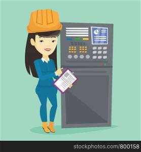 Asian engineer with clipboard standing in front of the control panel. Woman working on control panel. Young worker pressing button at control panel. Vector flat design illustration. Square layout.. Engineer standing near control panel.