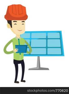 Asian engineer working on digital tablet at solar power plant. Engineer in hard hat using tablet computer while checking solar panel setup. Vector flat design illustration isolated on white background. Asian worker of solar power plant.