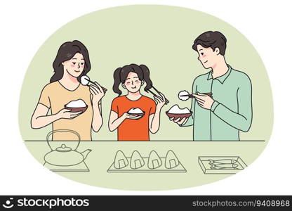 Asian family with child at table eating traditional dish together. Smiling parents and kid enjoy tasty asia food. Vector illustration.. Family with kid enjoy Asian food
