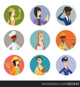 Asian farmer in summer hat showing ringing alarm clock. Young farmer with alarm clock. Set of different professions. Set of vector flat design illustrations in the circle isolated on white background.. Vector set of characters of different professions.