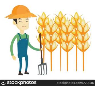 Asian farmer in summer hat standing with pitchfork on the background of wheat field. Smiling farmer working with pitchfork in wheat field. Vector flat design illustration isolated on white background.. Farmer with pitchfork vector illustration.