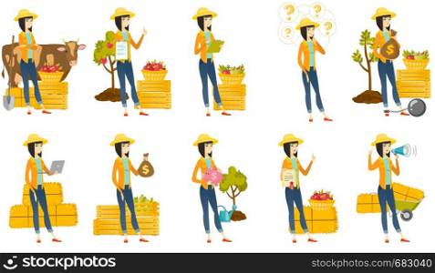 Asian farmer showing bag with money for payment of taxes. Captive farmer holding bag with taxes. Concept of tax time and taxpayer. Set of vector flat design illustrations isolated on white background.. Vector set of illustrations with farmer characters
