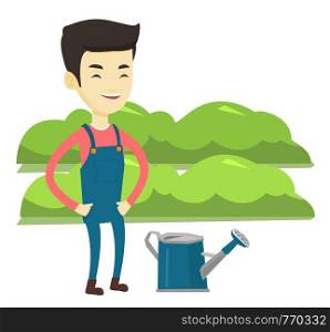 Asian farmer standing near watering can on the background of agricultural field with green bushes. Young farmer watering plants in garden. Vector flat design illustration isolated on white background.. Farmer with watering can at field.