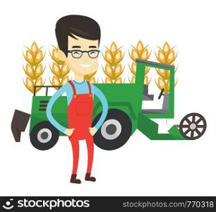 Asian farmer standing on the background of combine harvester working in wheat field. Young farmer and combine harvester harvesting wheat. Vector flat design illustration isolated on white background.. Farmer standing with combine on background.