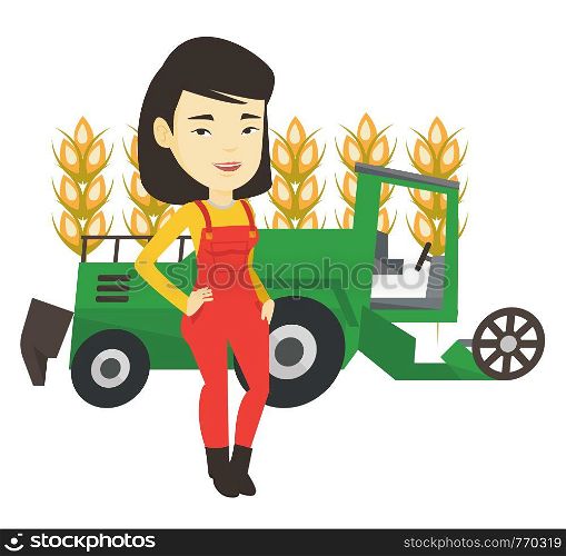 Asian farmer standing on the background of combine harvester working in wheat field. Young farmer and combine harvester harvesting wheat. Vector flat design illustration isolated on white background.. Farmer standing with combine on background.