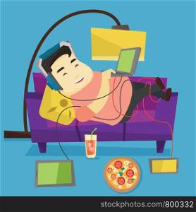 Asian fat man relaxing on a sofa with many gadgets. Young man lying on a sofa surrounded by gadgets and fast food. Plump man using many gadgets at home. Vector flat design illustration. Square layout.. Man measuring waist vector illustration.