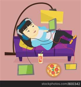 Asian fat woman relaxing on a sofa with many gadgets. Woman lying on a sofa surrounded by gadgets and fast food. Plump woman using many gadgets at home. Vector flat design illustration. Square layout.. Woman measuring waist vector illustration.