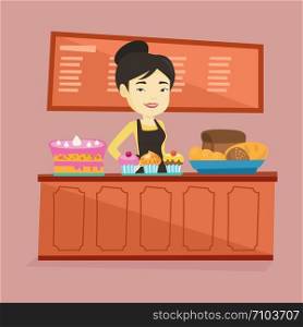 Asian female bakery worker offering pastry. Smiling bakery worker standing behind the counter with cakes. Young smiling woman working at the bakery. Vector flat design illustration. Square layout.. Worker standing behind the counter at the bakery.