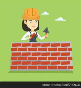 Asian female bricklayer in uniform and hard hat. Young bicklayer working with spatula and brick on construction site. Bricklayer building brick wall. Vector flat design illustration. Square layout.. Bricklayer working with spatula and brick.