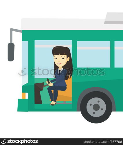 Asian female bus driver sitting at steering wheel. Young driver driving passenger bus. Female bus driver sitting in drivers seat in cab. Vector flat design illustration isolated on white background.. Asian bus driver sitting at steering wheel.