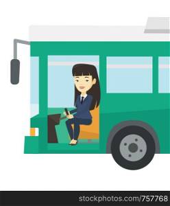 Asian female bus driver sitting at steering wheel. Young driver driving passenger bus. Female bus driver sitting in drivers seat in cab. Vector flat design illustration isolated on white background.. Asian bus driver sitting at steering wheel.