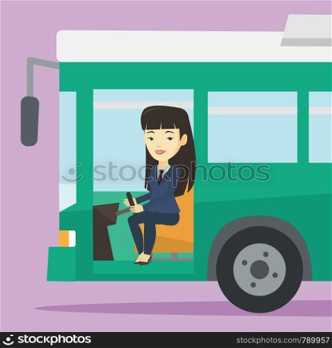 Asian female bus driver sitting at steering wheel. Young female driver driving passenger bus. Female bus driver sitting in drivers seat in cab. Vector flat design illustration. Square layout.. Asian bus driver sitting at steering wheel.