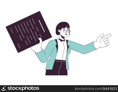 Asian female employee pointing finger flat line color vector character. Editable outline half body person on white. Worker holding document simple cartoon spot illustration for web graphic design. Asian female employee pointing finger flat line color vector character