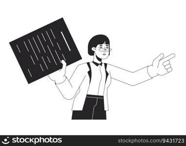 Asian female employee points finger flat line black white vector character. Editable outline half body person. Worker holding document simple cartoon isolated spot illustration for web graphic design. Asian female employee points finger flat line black white vector character
