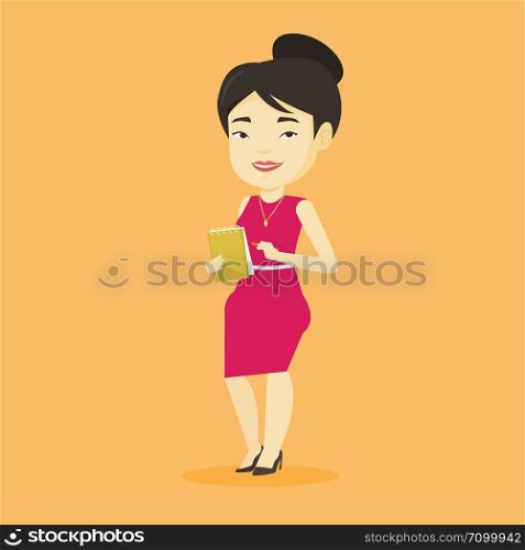 Asian female journalist writing notes on the notepad. Young journalist writing in notebook with pencil. Smiling journalist writing notes with pencil. Vector flat design illustration. Square layout.. Journalist writing in notebook with pencil.