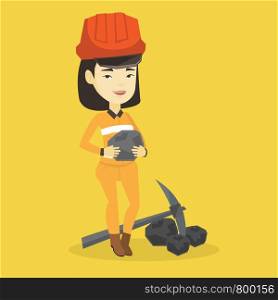 Asian female miner in hard hat holding coal in hands. Young smiling miner with a pickaxe. Miner working at coal mine. Young happy female miner at work. Vector flat design illustration. Square layout.. Miner holding coal in hands vector illustration.