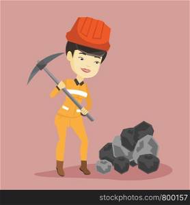 Asian female miner in hard hat working with a pickaxe. Female miner in helmet and workwear working at the coal mine. Young female miner at work. Vector flat design illustration. Square layout.. Miner working with pickaxe vector illustration.