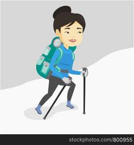Asian female mountaineer climbing a snowy ridge. Young happy mountaineer climbing a mountain. Female mountaineer with backpack walking up along a ridge. Vector flat design illustration. Square layout.. Young mountaneer climbing a snowy ridge.
