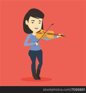Asian female musician standing with violin. Young smiling musician playing violin. Cheerful violinist playing classical music on violin. Vector flat design illustration. Square layout.. Woman playing violin vector illustration.