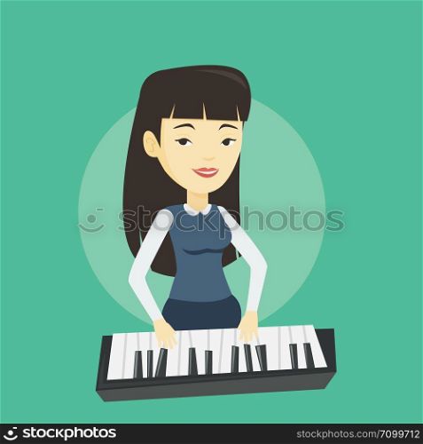 Asian female pianist playing on synthesizer. Young smiling musician playing piano. Pianist playing upright piano. Vector flat design illustration. Square layout.. Woman playing piano vector illustration.