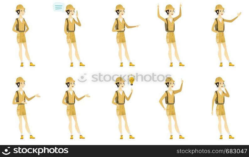 Asian female traveler with speech bubble. Young traveler giving a speech. Traveler with speech bubble coming out of her head. Set of vector flat design illustrations isolated on white background.. Vector set with traveler characters.