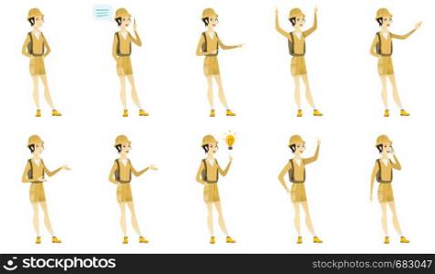Asian female traveler with speech bubble. Young traveler giving a speech. Traveler with speech bubble coming out of her head. Set of vector flat design illustrations isolated on white background.. Vector set with traveler characters.