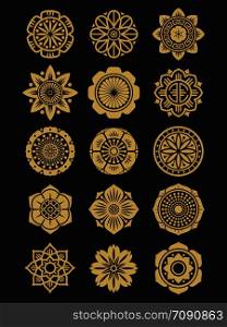 Asian flowers icons set isolated on black background. Chinese or japanese decorative elements. Asian collection ornament indian. Vector illustration. Asian flowers icons set isolated on black background. Chinese or japanese decorative elements