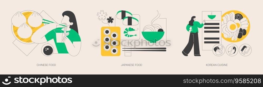 Asian food abstract concept vector illustration set. Chinese and japanese food, korean cuisine, take away restaurant, dim sum, sushi takeout, gourmet market, oriental menu delivery abstract metaphor.. Asian food abstract concept vector illustrations.