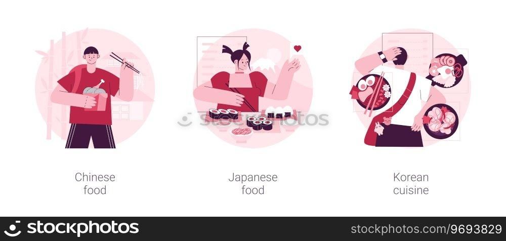 Asian food abstract concept vector illustration set. Chinese and japanese food, korean cuisine, take away restaurant, dim sum, sushi takeout, gourmet market, oriental menu delivery abstract metaphor.. Asian food abstract concept vector illustrations.