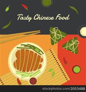 Asian food and tasty chinese dishes, oriental culture and cuisine in restaurant or cafe. Baked chicken breast with veggies. Promotional banner or poster with discounts and sales. Vector in flat style. Tasty chinese food, chicken breast and veggies