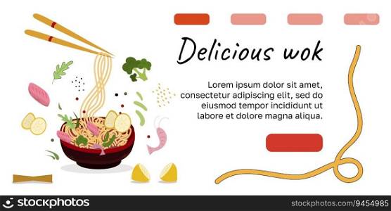 Asian food banner for website and social media. Web Noodles and Chopsticks. Red, pink and yellow colors. Vector illustration. Design For website, figma, print, postcards, covers, posters.. Asian food banner, website and social media Template. Noodles and Chopsticks. Vector illustration.