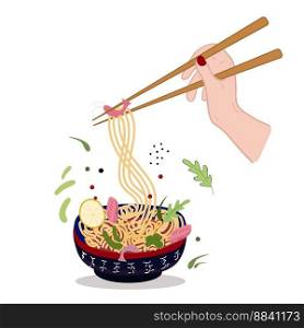 Asian food. Box with noodles and ingredients. Hand with chopsticks raise noodles. with shrimp, peppers, lamone, beans. Vector illustration for cover, menu, postcards, banner and social media post. Asian food Box with noodles and ingredients. Hand with chopsticks raise noodles. Vector illustration