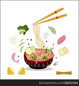 Asian food. Box with noodles in plate and ingredients. with shrimp, peppers, lamone, beans. Vector illustration for cover, menu, postcards, banner and social media post. Asian food Box with noodles in plate and ingredients. Vector illustration