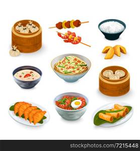 Asian food decorative icons set with fortune cookies isolated vector illustration. Asian Food Set