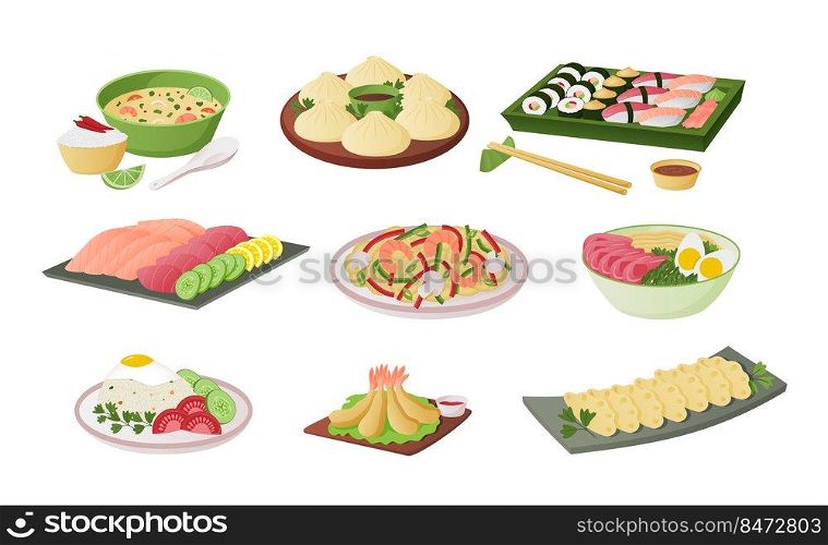 Asian food. Japanese and Chinese noodles rice and in bowls, spicy meal. Vector rolls with chopsticks set dinner tasty foods seafood illustrations. Asian food. Japanese and Chinese noodles rice and in bowls, spicy meal. Vector rolls with chopsticks set