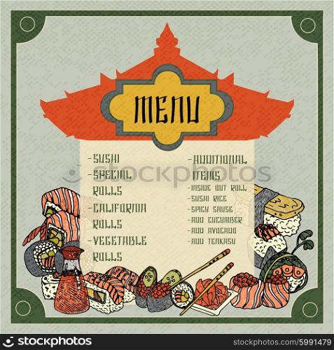 Asian food menu template with hand drawn sushi and fish vector illustration. Asian Food Menu