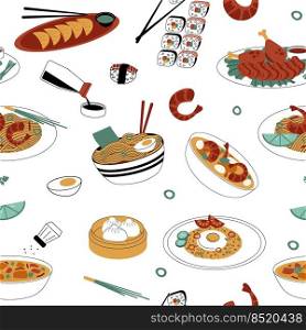 Asian food pattern. Seamless print of traditional oriental spicy food, soup with noodles in bowl, sushi, fried rice with sauces and spices. Vector texture of asian traditional menu seamless. Asian food pattern. Seamless print of traditional oriental spicy food, soup with noodles in bowl, sushi, fried rice with sauces and spices. Vector texture