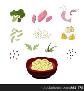 Asian food. Plate of noodles. Chinese chopsticks raise noodles with shrimp, peppers, fish, beans. Vector illustration for cover, menu, postcards, banner and social media post. Asian food. Plate of noodles. Shrimp, beans, fish, greens., arugula, lemon. Vector illustration.