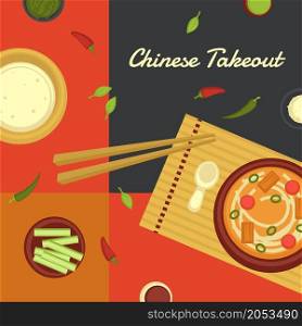 Asian food takeout chinese dishes and meal. Served bowl with noodles and coconut milk, cucumber slices, and herbs. Promotional banner or poster with discounts and sales. Vector in flat style. Chinese takeout food, bowl with noodles veggies