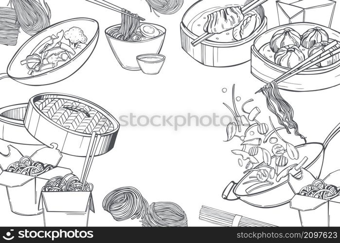Asian food vector background. Noodle soup,Ramen, dim sum and wok set. Hand-drawn sketch illustration. . Asian food vector background.