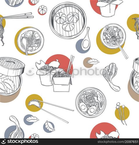 Asian food vector seamless pattern. Noodle soup, Ramen, dim sum and wok set. Hand-drawn sketch illustration. . Asian food vector pattern.