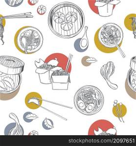 Asian food vector seamless pattern. Noodle soup, Ramen, dim sum and wok set. Hand-drawn sketch illustration. . Asian food vector pattern.