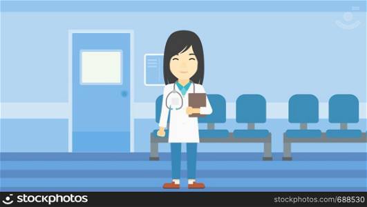 Asian friendly doctor holding a file in hospital corridor. Smiling female doctor with stetoscope carrying folder of patient or medical information. Vector flat design illustration. Horizontal layout.. Doctor with file vector illustration.