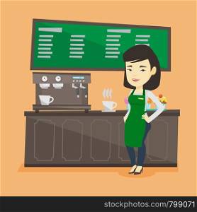 Asian friendly female barista standing in front of coffee machine. Young female barista at work in coffee shop. Barista making a cup of coffee. Vector flat design illustration. Square layout.. Barista standing near coffee machine.